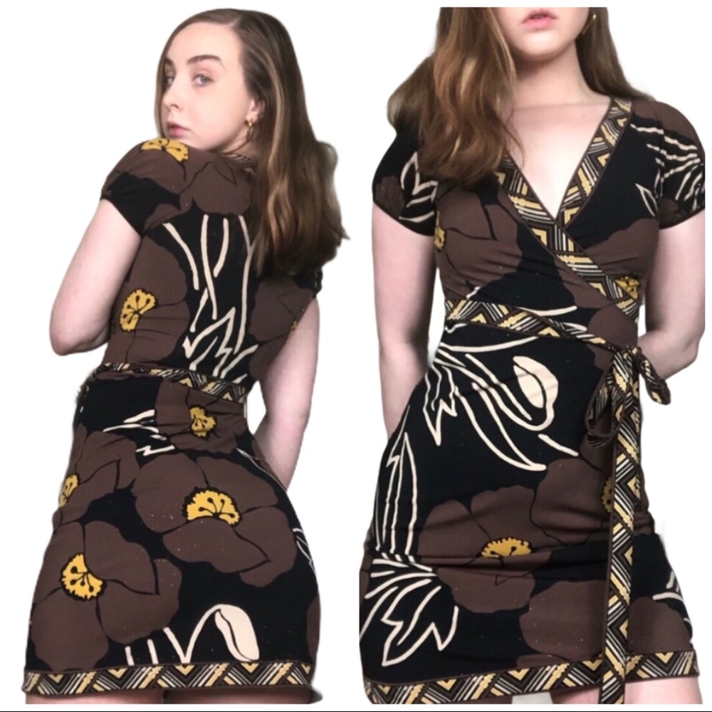 BCBG Max Azria Wrap Dress Brown Floral XS